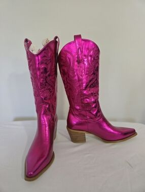Metallic Pink Western Cowboy Boots - Women's Fashion Boots